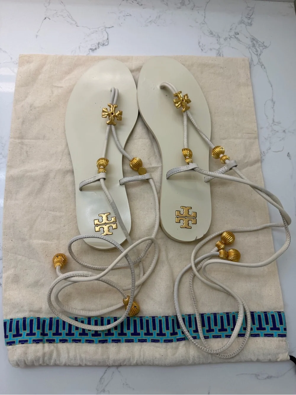 Tory Burch White Lace-Up Beaded Gladiator Sandals